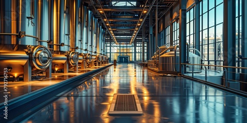 An expansive, modern brewery hall lined with large stainless steel fermentation tanks and illuminated walkways, conveying industrial efficiency photo