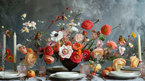 A decorative centerpiece made of fresh flowers, bringing life to the table.