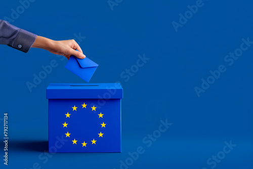 Voting for the European Union election, a hand putting a ballot paper into a ballot box on a blue background with copy space © mozZz