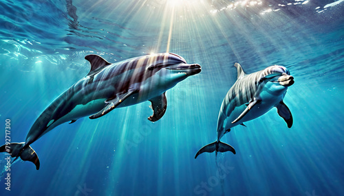 a group of dolphins swimming in the water © Vladislav