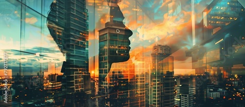 Businessman double exposure with the sightly skyscraper, sunset colors background. photo