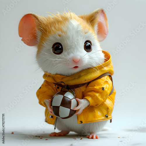 Cute white mouse in a yellow raincoat with a soccer ball © Wazir Design