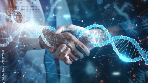 Medical and Business Technology Concept, Close up of a businessman and doctor shaking hand in hospital, with analysis Triangle lines and DNA data, generative ai