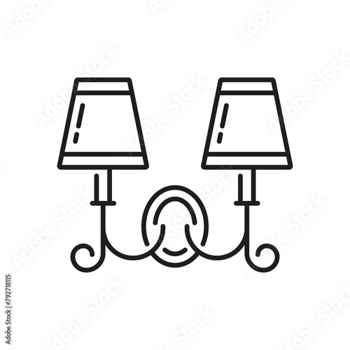 Sconce lamp or wall light line icon, vintage lantern for lighting fixture and illumination, outline vector. Ornate wall sconce or night lamp with lightbulb and lampshades for bedroom or house interior
