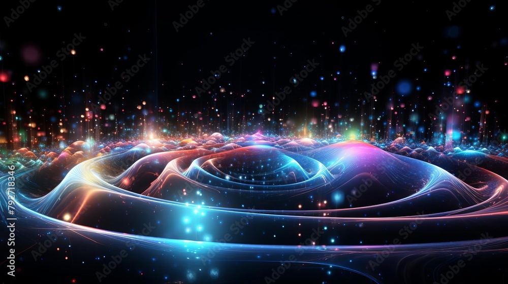 Obraz premium Visual of a holographic galaxy in neon, encapsulated in a 3D atomlike environment with active data streams
