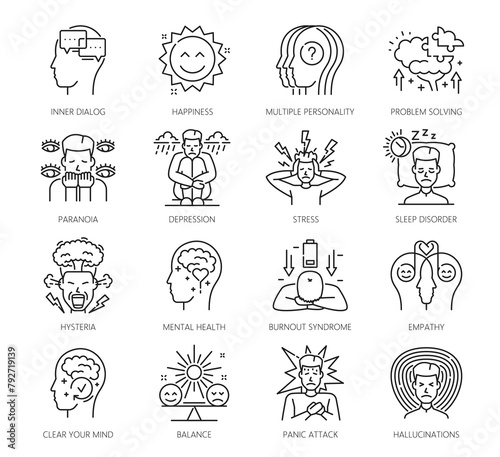 Psychological disorder problems and mental health icons, outline vector. Psychology and mind head line symbols of depression, stress and hysteria, empathy and panic attack or brain mental disorders