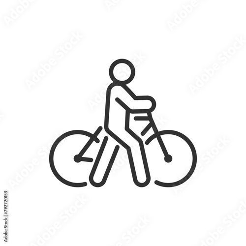 Carrying a bicycle in his hands, linear icon, dismounts before a road crossing. A man on foot leading a bicycle. Line with editable stroke