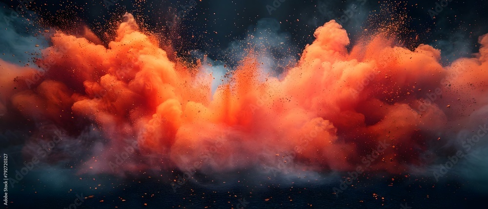Vibrant red orange powder burst on black background for striking visual effect. Concept Visual Effects, Powder Burst, Red and Orange, Black Background