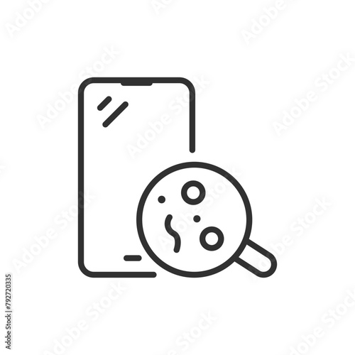 Dust and bubbles under the smartphone's protective glass, linear icon, screen protector. Line with editable stroke