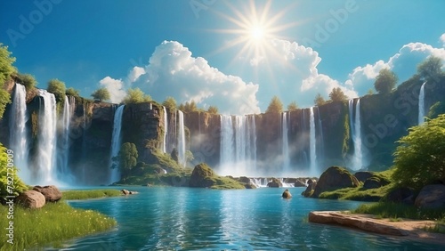 Amazing realistic landscape with waterfalls  lake  mountains and forest  fantasy scene