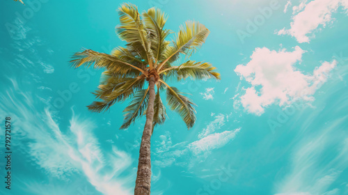 Single Hawaiian Coconut Palm Tree Against a Turquoise sky © khan