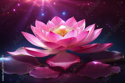 Beautiful realistic pink lotus with many petals shining from within on the cosmic starry background