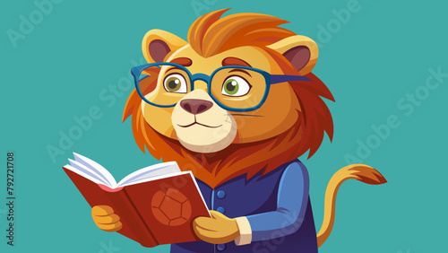 a smart well-read lion with glasses reads an interesting popular science book, novel, textbook. the concept of education, self-development, self-study