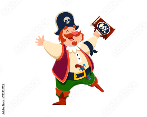 Cartoon funny pirate captain character with beer tankard, corsair seaman. Isolated vector jovial one legged buccaneer raises a frothy mug with a toothy grin, and gun on his plump, belt-cinched waist