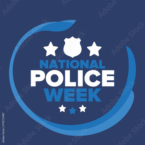 National Police Week in May. Celebrated annual in United States. In honor of the police hero. Police badge and patriotic elements. Officers Memorial Day. Poster, card, banner. Vector illustration