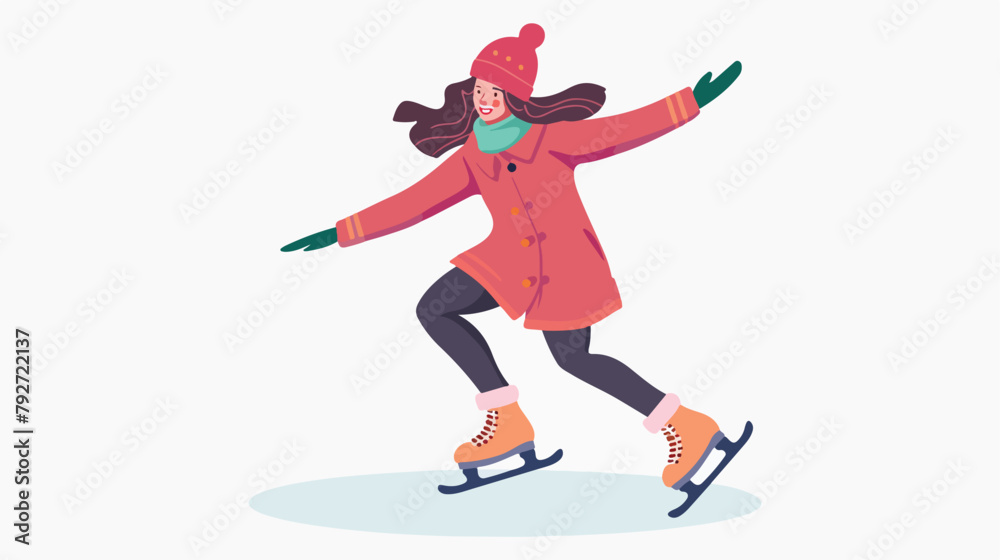 Young woman ice skating. Vector flat style illustration