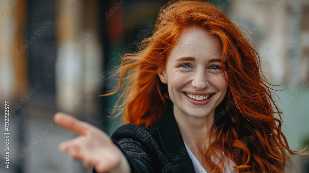 Fototapeta premium Woman with red hair extends her hand for a handshake