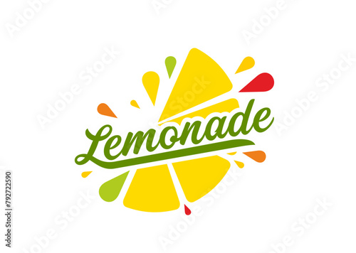Lemonade drink icon, lemon fruit juice. Isolated vector emblem for refreshing citrus beverage, revitalizing cocktail or soda. Vibrant yellow lemon slice with colorful splashing drops and typography