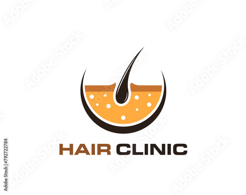 Hair clinic, dermatology icon, follicle grow. Isolated vector emblem of follicle transplant beauty service, trichology medical treatment, skin rejuvenation and expert care for scalp and hair health