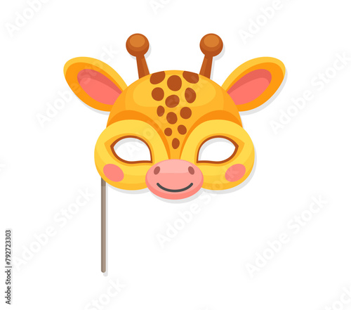 Carnival giraffe mask for kids birthday party costume, vector cartoon animal face. Funny giraffe muzzle mask on stick for kids birthday masquerade festival props and happy zoo animal face costume