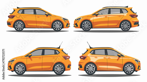 Hatchback car four angle set. Car side background 