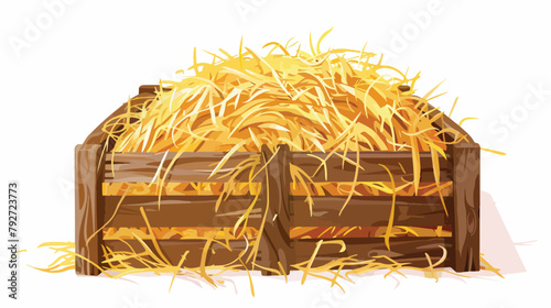 Hay heap in wood crate. Gold straw pile in box.