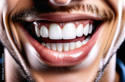 Close-up of the lower face of a slightly unshaven man smiling widely. The man has beautiful white healthy teeth. The concept of dental services and proper dental care.