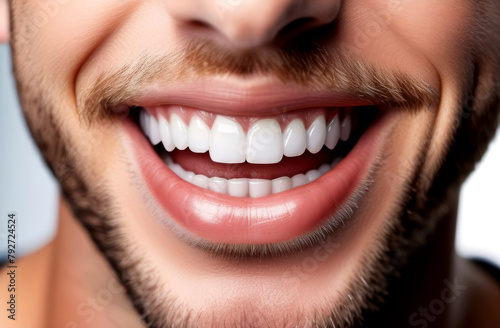 Close-up of the lower face of a slightly unshaven man smiling widely. The man has beautiful white healthy teeth. The concept of dental services and proper dental care.