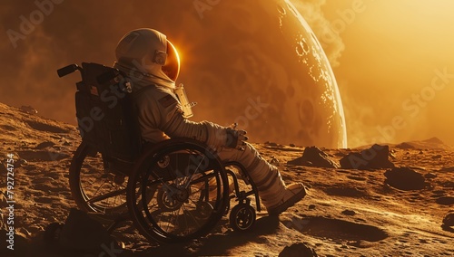 Dramatic portrayal of an astronaut in a wheelchair on a desolate lunar landscape with a space base in the background photo