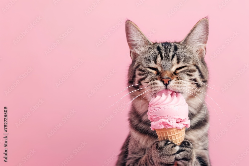 Gray cat happily eats ice cream on a pink background, with space for copy text Gray cat happily eats ice cream on a pink background, with space for copy text