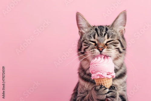 Gray cat happily eats ice cream on a pink background, with space for copy text © Tatiana