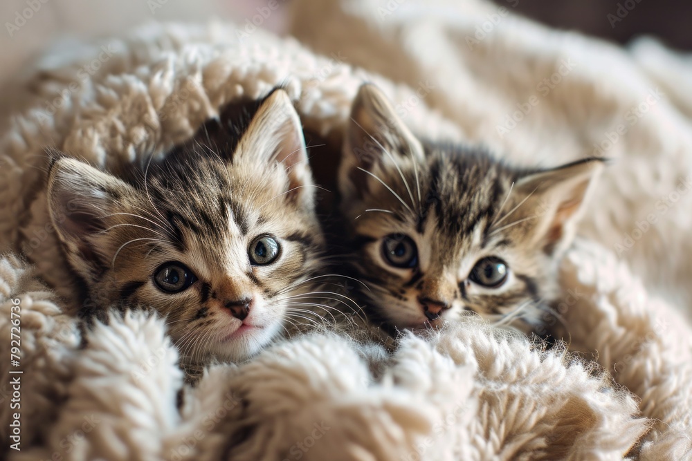 Two cute kittens lie peacefully covered with a blanket hug each other, friendship between animals
Two cute kittens lie peacefully covered with a blanket hug each other, friendship between animals