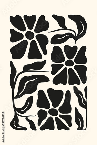 3 black primitive flowers and wriggling leaves in Matisse style. Trendy floral design template for interior decoration, banner, cover, print, postcard. photo