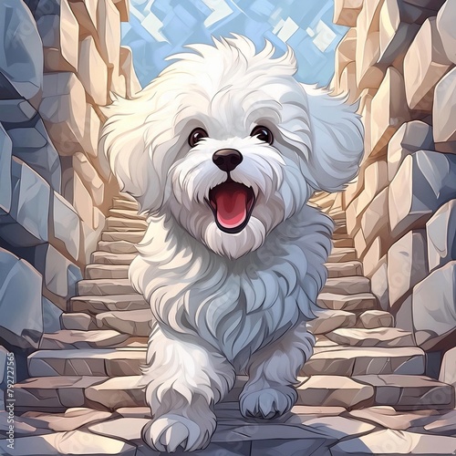 A white bichon with a cuteness that looks like it came out of a cartoon growls. photo