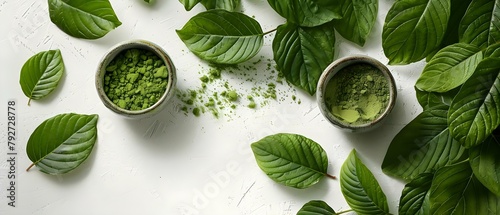 Mockup of kratom leaves and matcha tea on white background. Concept Product Photography, Herbal Products, Minimalist Composition, White Background, Creative Mockup photo