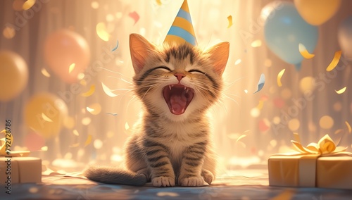 A cute kitten wearing a colorful birthday hat is celebrating with confetti and balloons in the background.  photo