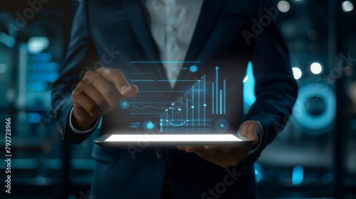 Businessman Hand holding tablet with glowing business graph coming out of device screen