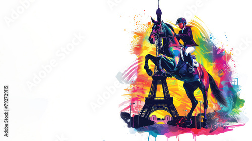 Equestrian Sport show jumping olympic games in colorful illustration paint