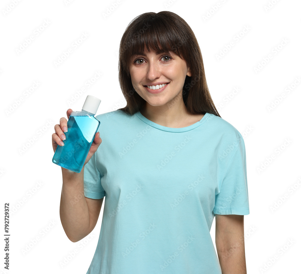Young woman with mouthwash on white background Young woman with mouthwash on white background