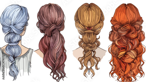 Hand drawn Four hairstyles. Colored graphic vector se