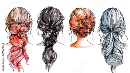 Hand drawn Four hairstyles. Colored graphic vector se