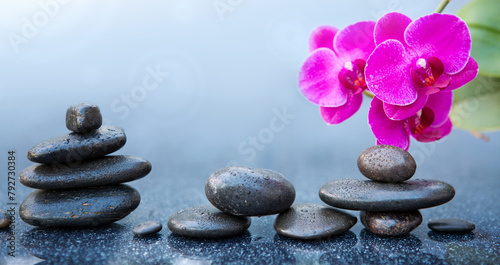 Pink orchid flowers and black spa stones on the gray table background.