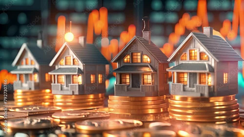  A real estate market graph and two miniature houses on stacks of coins, with an orange stock chart in the background.