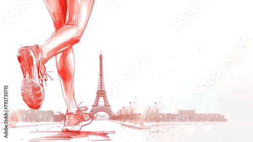 Red illustration of woman legs running sport at eiffel tower paris