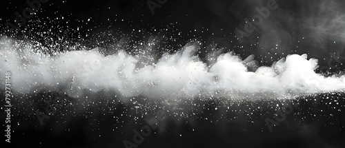 Closeup of white powder cloud on black background symbolizing substances or mystery. Concept Mystery Photography, Abstract Art, Powder Cloud, Substances Symbolism photo