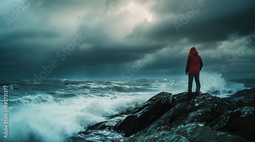 A person standing on a rock near the ocean, observing a distant storm over the sea. Wallpaper. Copy space.