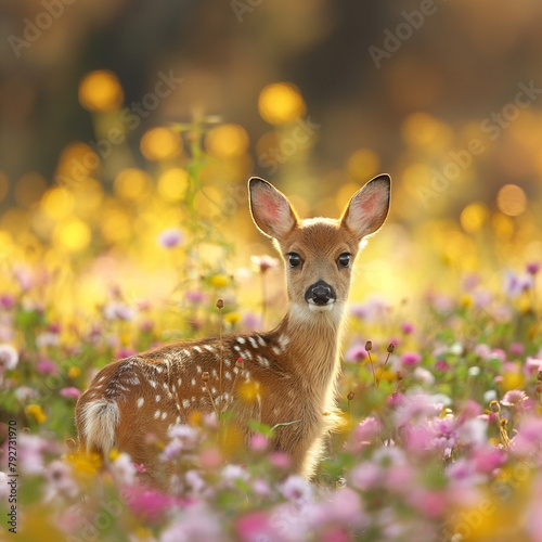 A small deer is standing in a field of flowers looking back at the camera. The deer is brown and white with a white belly and white spots. The flowers are mostly pink and white with a few yellow flowe