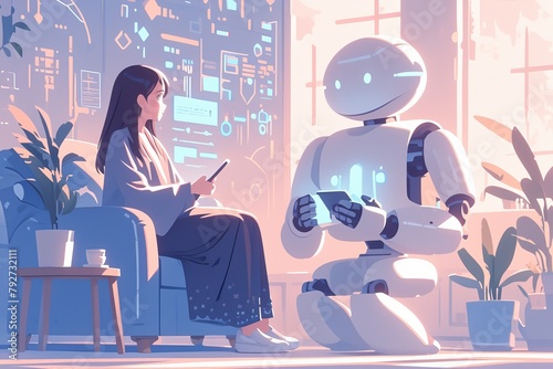 A cute cartoon robot sitting on the couch talking to an attractive young woman while she looks at her phone