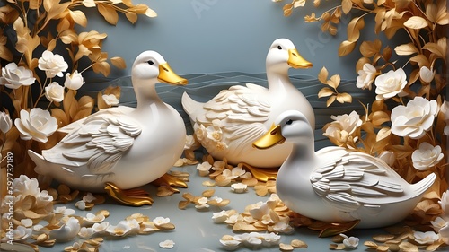 Elegant 3D design featuring a background of duck illustrations and a white and golden floral ornament. Interior Mural Wallpaper in 3D Abstraction for Home Wall Decor photo