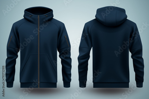 Plain zipper jacket mockup Set of blue front and back view long sleaves branding stylish template